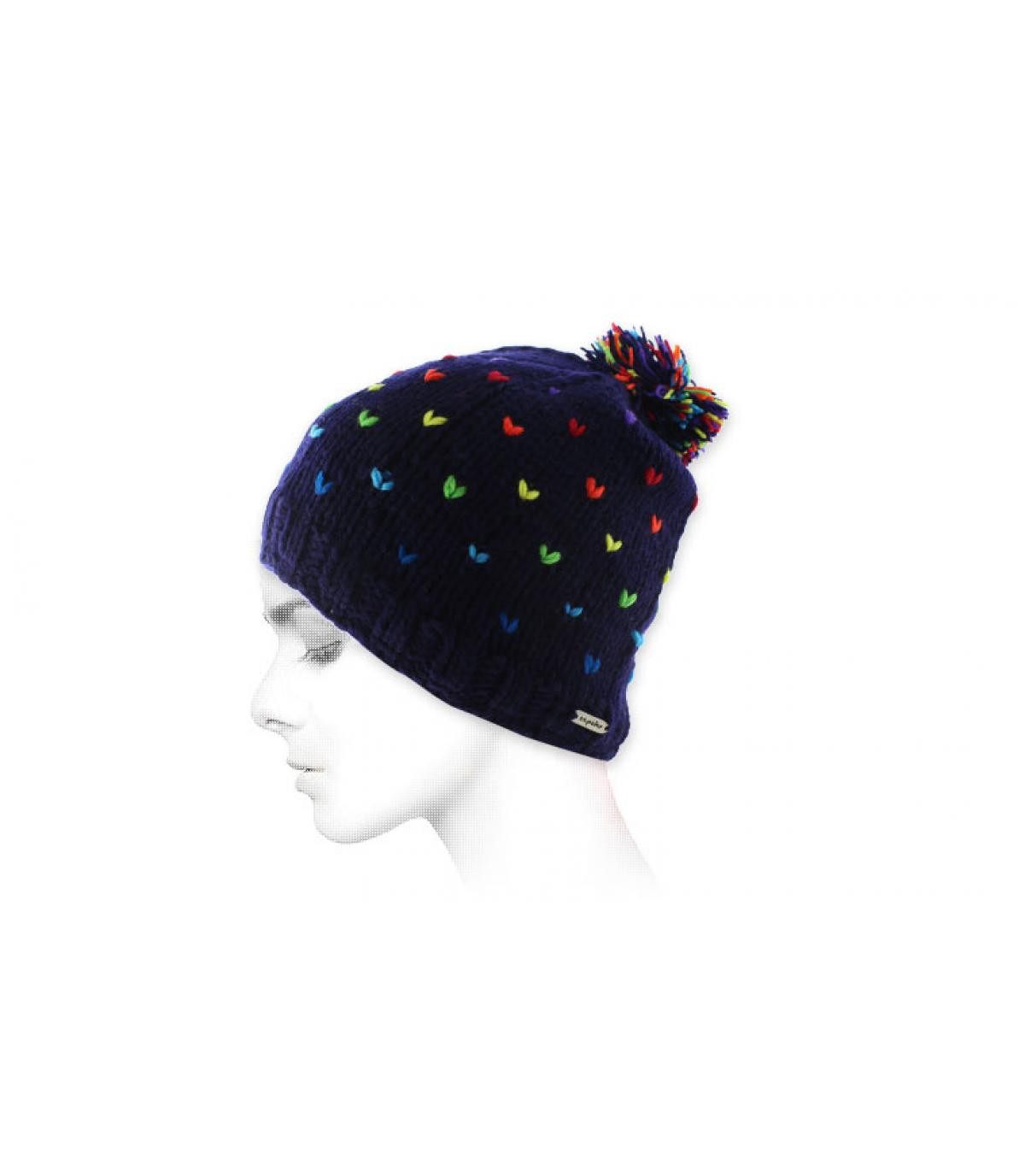 bonnet pompon bleu multicolore Tictic navy